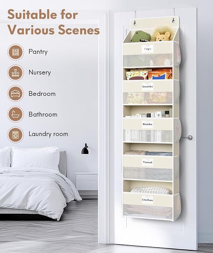 Over The Door Organizer Hanging, 5 Shelf Behind The Doors Storage, Pantry Door Organizer, Closet Organizers for Bedroom and Nursery (Beige)