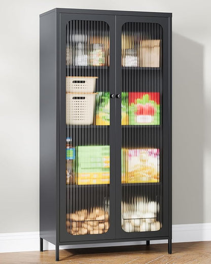 63'' Kitchen Pantry Storage Cabinet, Display Cabinet with Glass Doors and 3 Adjustable Shelves, Metal Kitchen Hutch Storage Cabinet for Dining Room, Living Room (Black)