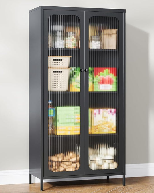 63'' Kitchen Pantry Storage Cabinet, Display Cabinet with Glass Doors and 3 Adjustable Shelves, Metal Kitchen Hutch Storage Cabinet for Dining Room, Living Room (Black)