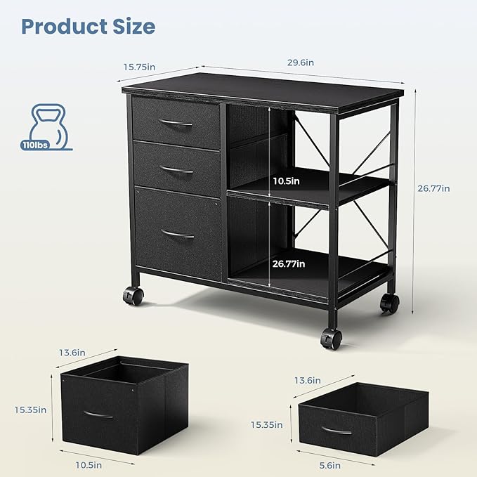 DUMOS 3-Tier Mobile File Cabinet, Printer Stand with Storage, Office Table with Drawers and Back Support Bar, Holds 110lb for Home Office, Rustic Black