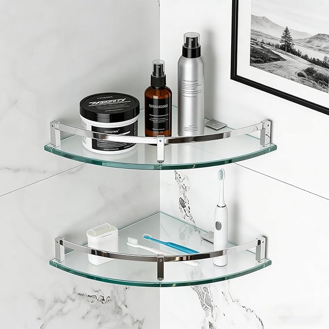 Bathroom Shelves, Glass Shelf Wall Mounted Glass Corner Shower Shelf for Bathroom with 304 Stainless Steel Rail (2 Packs)