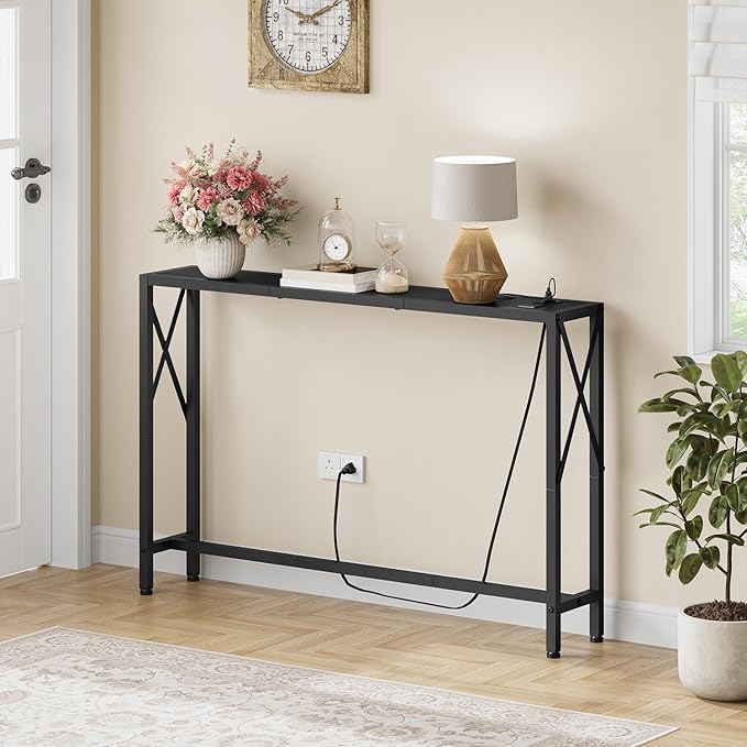 41.7" Console Table with Outlet, Narrow Behind Couch Sofa Table, Industrial Skinny Design for Hallway, Entryway, Living Room, Black