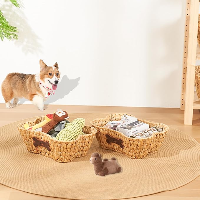 ELONG HOME Wicker Basket for Pet Toys, 2 Pack Stylish and Natural Dog and Cat Toy Basket, Dog Storage Organizer with Bone Shape
