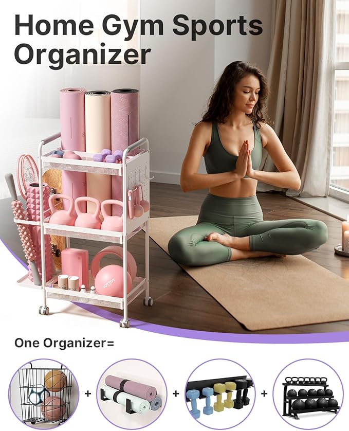 YOTTOY 3-Tier Gym Storage Rack for Home Gym–Multi-Functional Weight Rack, Dumbbell Rack, Yoga Mat Holder with Side Basket & 6 Hooks, Gym Equipment Organizer