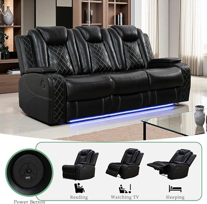 Power Leather Recliner Sofa Set with LED Light, Living Room Furniture Sets, Black Breathing Leather Power Reclining Sofa Couch with 2 Recliner Seats/Storage Console/USB Port for Living Room