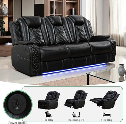 Power Leather Recliner Sofa Set with LED Light, Living Room Furniture Sets, Black Breathing Leather Power Reclining Sofa Couch with 2 Recliner Seats/Storage Console/USB Port for Living Room