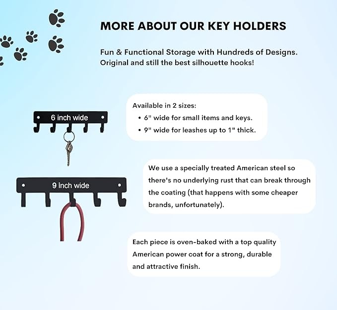 Walking Paws Key Rack Hanger & Dog Leash Organizer - Large 9 inch Wide - Made in USA Gifts for Dog Lovers