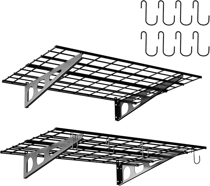 2x3 Ft Garage Wall Shelving, 700 lbs Heavy Duty Metal Garage Shelf Storage Organization, 24x36 Inch Wall Mounted Floating Shelves with Hooks, High Capacity, Space Saving, 2 Pack
