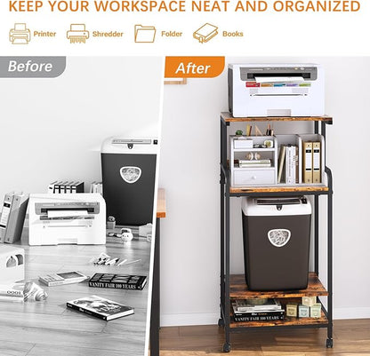 4 Tier Printer Stand with Storage Shelf, Large Tall Printer Cart with Wheels, Mobile Printer Table for Home Office, Adjustable Stands for Heat Press Scanner Fax (Brown)