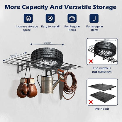 2x3 Ft Garage Wall Shelving, 700 lbs Heavy Duty Metal Garage Shelf Storage Organization, 24x36 Inch Wall Mounted Floating Shelves with Hooks, High Capacity, Space Saving, 2 Pack