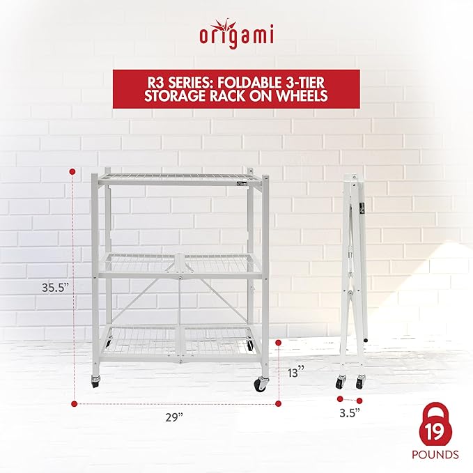 Origami 2-Pack General Purpose Foldable 3-Tier Shelf Storage Rack & Wheels, R3, White