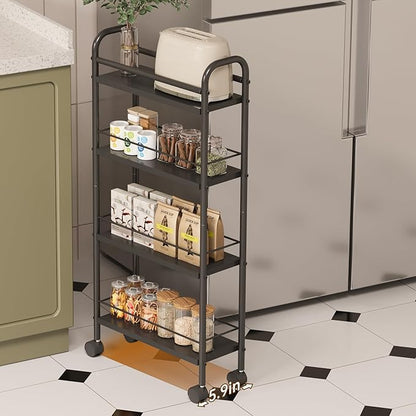 Slim Storage Cart, 4-Tier Small Rolling Cart with Wheels, 5.9" Deep, Narrow Bathroom Shelf Trolley for Kitchen, Bathroom, Laundry Room, Black Standard 4-Tier (5.9" W x 33.6" H)