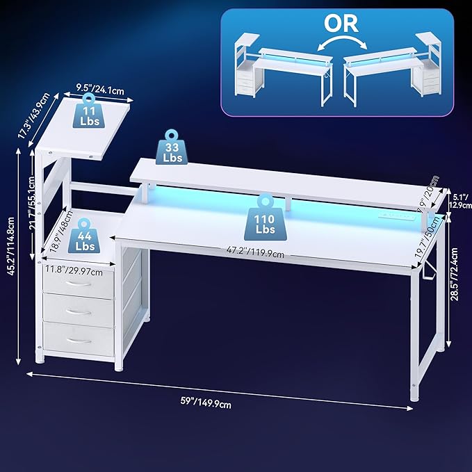 DUMOS L Shaped Gaming Desk with Shelves Storage Drawers 59'', White Computer Desks with LED Lights Power Outlets, Office Wood Table with PC Stand Cable Management for Bedroom Dual Monitor Streaming