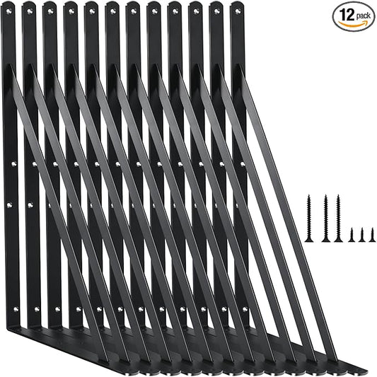 12 Pack L18 x H 12" Black Heavy Duty Shelf Brackets with Screws Metal Shelf Brackets Shelf Support Angle Brackets for Shelves L Brackets Heavy Duty Floating Shelf