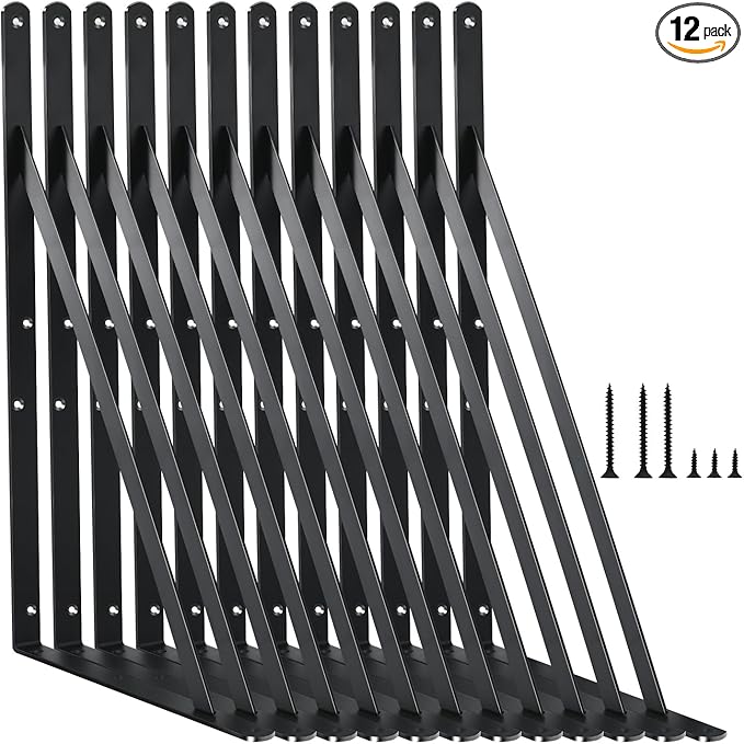 12 Pack L16 x H 10" Black Heavy Duty Shelf Brackets with Screws Metal Shelf Brackets Shelf Support Angle Brackets for Shelves L Brackets Heavy Duty Floating Shelf