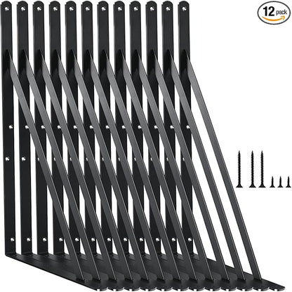 12 Pack L16 x H 10" Black Heavy Duty Shelf Brackets with Screws Metal Shelf Brackets Shelf Support Angle Brackets for Shelves L Brackets Heavy Duty Floating Shelf
