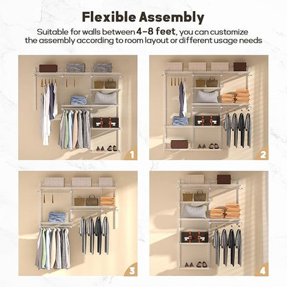Homde Closet Organizer System Wall Mounted, 4-8 Ft. Adjustable and Expandable Metal Wire Shelving, Custom DIY Wardrobe Kit with Shelf, Clothes Hanging Rods, for Home Closet Laundry Mudroom