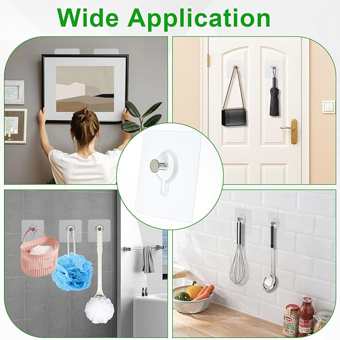 Picture Hanging Hooks,6 PCS Heavy Duty Up-Grade Wall Hangers Without Nails,Wall Picture Hangers, Transparent Waterproof Adhesive Picture Hanger,Frame Hanger Sticky Hooks for Bathroom,Kitchen