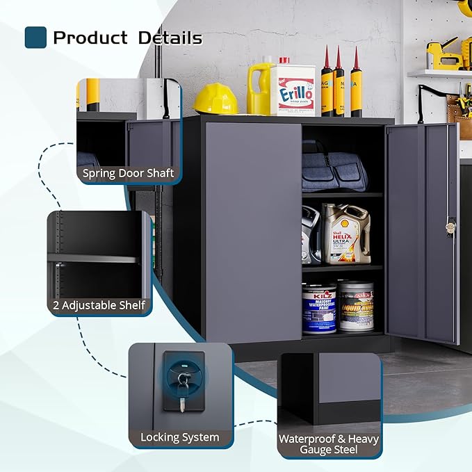 MIIIKO Lockable Storage Cabinet, Small Metal Garage Cabinet with Doors and Shelves, 35.4" Height Base Locker Cabinets 2 Doors