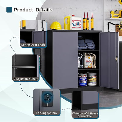 MIIIKO Lockable Storage Cabinet, Small Metal Garage Cabinet with Doors and Shelves, 35.4" Height Base Locker Cabinets 2 Doors
