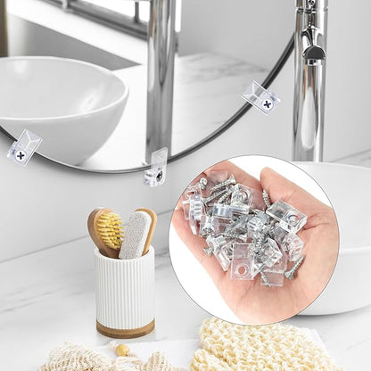36 PCS Mirror Holder Clips Kit, Mirror Hangers for The Wall, Clear Plastic Retainer Clips, Frameless Glass Hanging Kit with Screws and Fixed Mirror Box Door