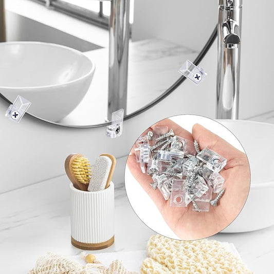 36 PCS Mirror Holder Clips Kit, Mirror Hangers for The Wall, Clear Plastic Retainer Clips, Frameless Glass Hanging Kit with Screws and Fixed Mirror Box Door
