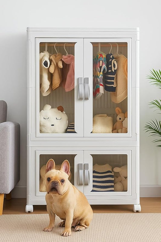 Pet Clothing Storage Cabinet with Hanging Rod Foldable Plastic Storage Bin 2-Tier Dog Clothes Organizer for Small Pets Lightweight, Waterproof– Portable Cat Wardrobe Closet