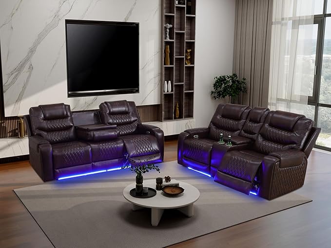 Living Room Furniture Sets, 2 Pieces Leather Power Reclining Sofa with Storage Console, Power Recliner Sofa and Loveseat with 4 Recliner Seats/LED Light/USB Port for Guest Room, Office