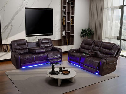 Living Room Furniture Sets, 2 Pieces Leather Power Reclining Sofa with Storage Console, Power Recliner Sofa and Loveseat with 4 Recliner Seats/LED Light/USB Port for Guest Room, Office