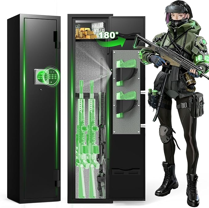 2-3 Gun Safe for Rifles and Pistols, No Assembly Required Gun Cabinet with Removable Shelf, Rifle safe with 180° Full Access Door, Gun Safes with Password Lock, Alarm System & Mute Mode