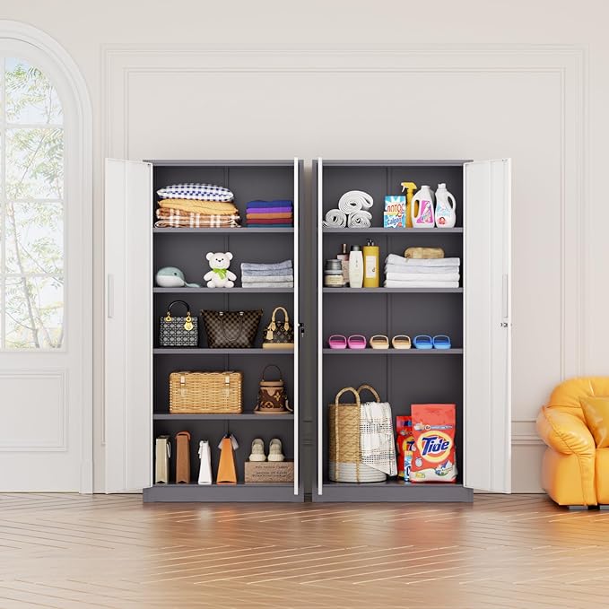 Bonusall 72" Metal Garage Storage Cabinet， Heavy-Duty Steel Cabinet with 2 Locking Doors & 5 Adjustable Shelves for Home, Office, or Workshop Organization(White Grey)