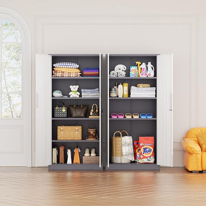 Bonusall 72" Metal Garage Storage Cabinet， Heavy-Duty Steel Cabinet with 2 Locking Doors & 5 Adjustable Shelves for Home, Office, or Workshop Organization(White Grey)