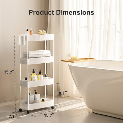 Pipishell Slim Storage Cart with Wheels, 4 Tier Bathroom Storage Organizer Rolling Utility Cart for Bathroom Kitchen Laundry Room Office Narrow Place (White)