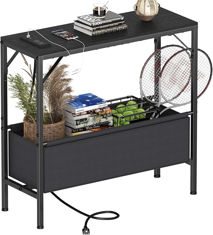 31.5" Console Table, 9.5" D Entryway Table with Power Outlets & USB Ports & Fabric Basket, Narrow Sofa Table for Hallway, Foyer, Living Room, Black