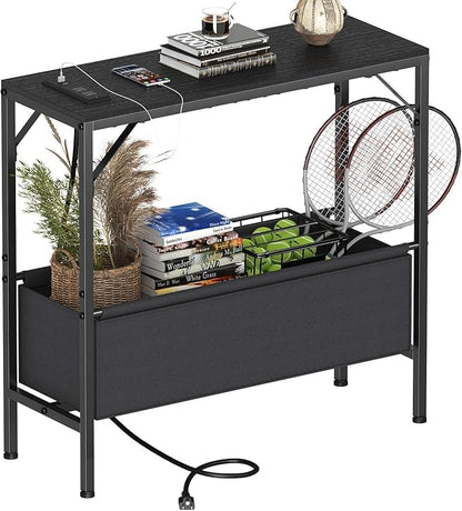 31.5" Console Table, 9.5" D Entryway Table with Power Outlets & USB Ports & Fabric Basket, Narrow Sofa Table for Hallway, Foyer, Living Room, Black
