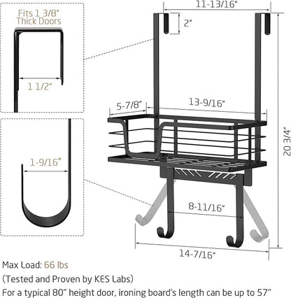 KES Over The Door Ironing Board Holder, Ironing Board Hanger Door Mount with Storage Shelf Y and T Shaped Fits for 1 3/8 Doors Matte Black, HIR501A-BK