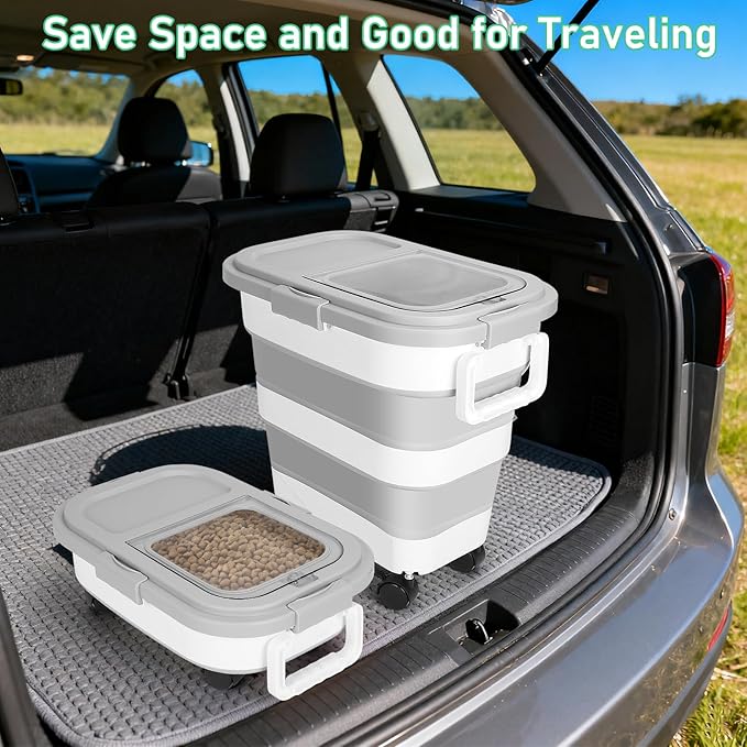 ShineMe Dog Food Storage Container, 30 Lbs Collapsible Food Storage Containers with Rolling Wheel Airtight Locking Lid, Cat Foods Bin with Cup and Scoop, Suitable for Pet Snack, Rice, Flour (Grey)