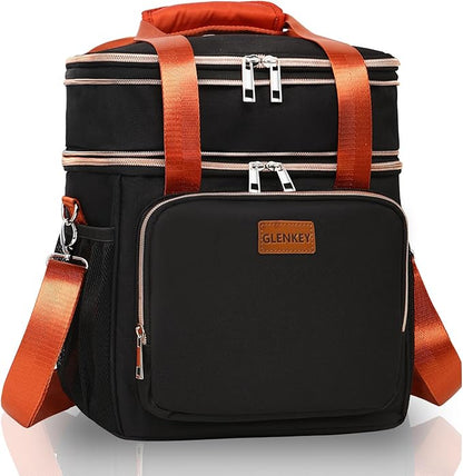 Expandable Insulated Lunch Box for Women Men, Double Deck Large Lunch Bag Tote Leakproof Lunch Cooler with Shoulder Strap for Adults Work Shift Outdoor Picnic Daytrip, (Black, 16L),GLENKEY