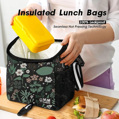 VLM Lunch Box for Women, Insulated Lunch Bag Women with Adjustable Shoulder Strap, Cute Lunch Tote Bag for Work,Picnic,Camping (Green Floral, Small)