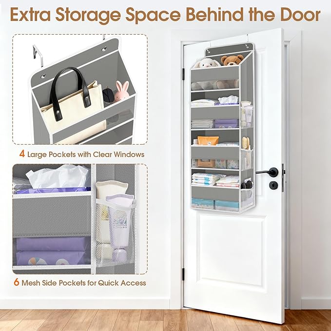 WISELIFE Over The Door Organizer Storage with 4 Large Pockets Door Hanging Organizer with Clear Windows behind The Door Storage for Nursery Bedroom Bathroom Pantry Closet and Baby Essentials Grey