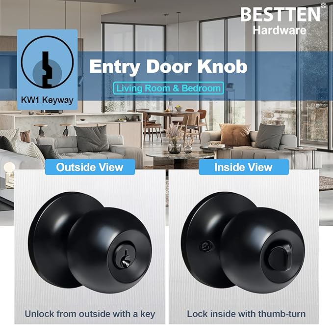 BESTTEN Keyed Entry Door Knob, Entrance Door Lock, Standard Ball, All Metal, Matte Black