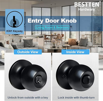 BESTTEN Keyed Entry Door Knob, Entrance Door Lock, Standard Ball, All Metal, Matte Black