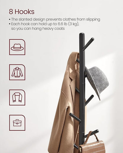 VASAGLE Solid Wood Coat Rack, Free Standing Tree-Shaped Coat Rack with 8 Hooks, 3 Height Options, for Clothes, Hats, Bags, Living Room, Bedroom, Home Office, Ink Black URCR001B01