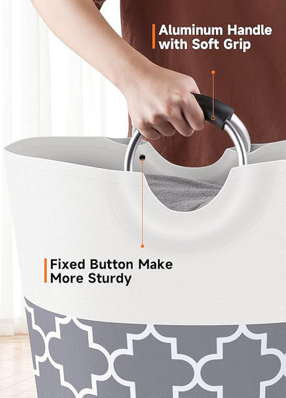 Large Laundry Basket Laundry Hamper Bag Washing Bin Clothes Bag Collapsible Tall with Handles Waterproof Travel Bathroom College Essentials Storage for College Dorm, Family (Grey) 75L