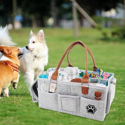 Felt Dog Grooming Bag,Portable Tote Bag for Dogs Cats,Dog Storage Organizer for Grooming Tool Kit,3 Compartments Pet Stuff Oganizers with 8 Pockets-Grey