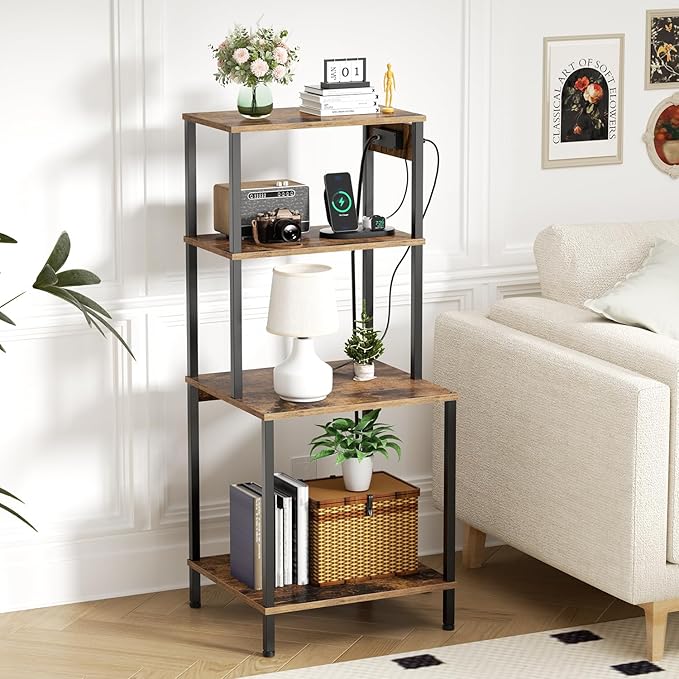 Printer Stand with Charging Station, 49"Tall 4-Tier Printer Stand with Storage, Large Printer Table for Home Office, Kitchen, Living Room, PrinterCart Beside Desk for Printer, Scanner (Rustic Brown)