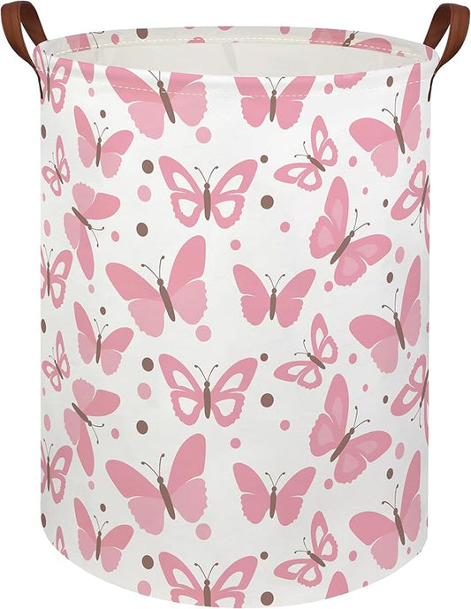HIYAGON Girls Pink Laundry Baskets Baby Hamper for Nursery Girl Cute Kids Toy Organizer Bins Butterfly Room Decor Bedroom Bathroom(Pink Butterfly)