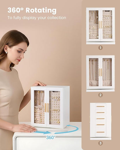 Lolalet Rotating 360° Jewelry Box, Clear Window Jewellery Storage for Earrings Bracelets Necklaces Rings, Large Vertical Organizer for Women, Valentine's Day Gift -White