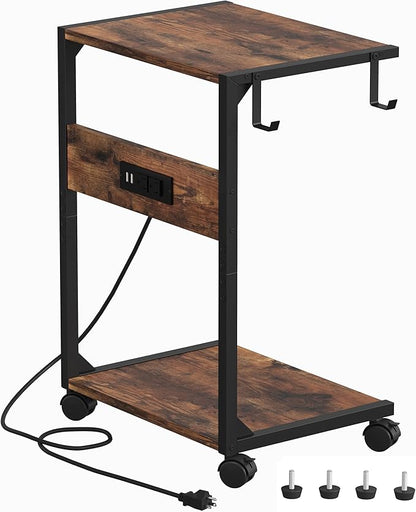 2 Tier Computer Tower Stand with Charging Station, 11.8" D x 16.5" W Rolling Floor PC Tower Stand Fits Under Desk, CPU Holder Cart for Carpet with Hooks, C Shaped End Table for Home Office