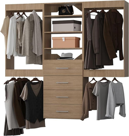 ROOMTEC Modular Closet System, 84" Wall-Mounted Closet Organizer with Drawers and Hanging Rods, Wooden Tower for Walk-In Closets, Wardrobe Storage Kit, Wood
